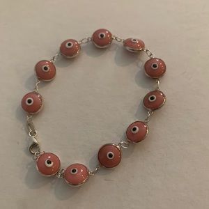 🧿Evil Eye Sterling Silver Pink Rose Bracelet -NEW